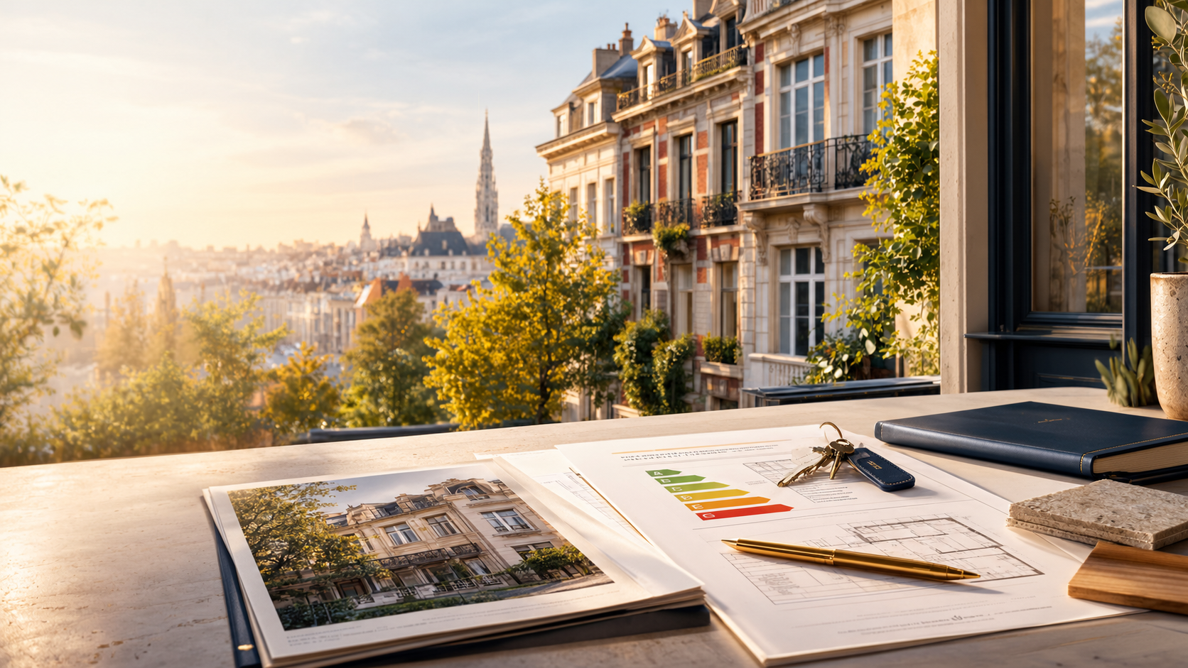 Maison bruxelloise et documents PEB sur un bureau